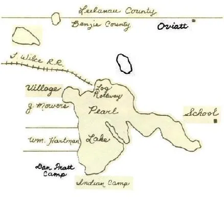 A hand-drawn historical map of Pearl Lake showing early camps, the railroad, and the one-room school