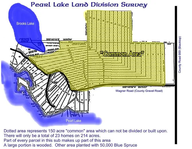 The Pearl Lake Land Division survey, showing the 150-acre common area shaded to the north
