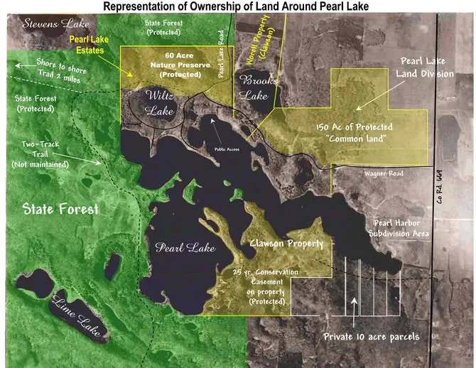A map representing land ownership around Pearl Lake — common areas, State Forest, and private parcels