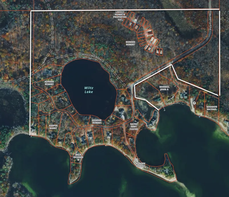 Aerial parcel map showing Pearl Lake Estates homesites and Wiltz Lake